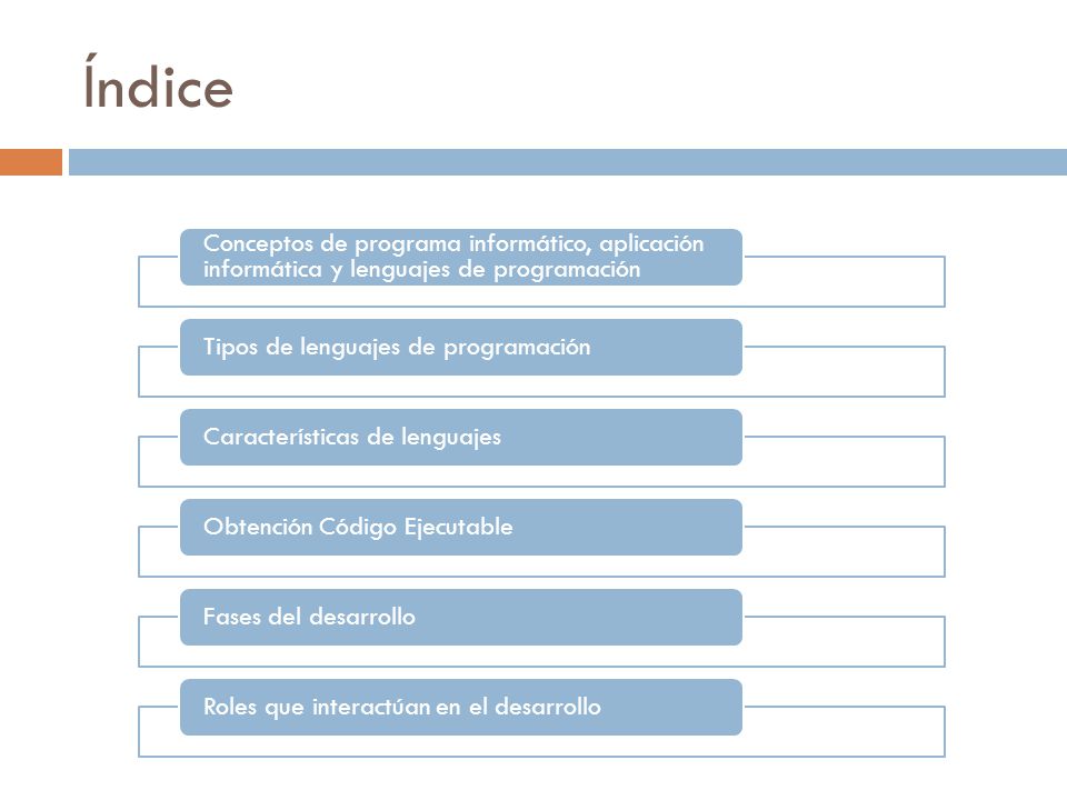 Índice Conceptos de programa informático, aplicación informática y lenguajes de programación. Tipos de lenguajes de programación.