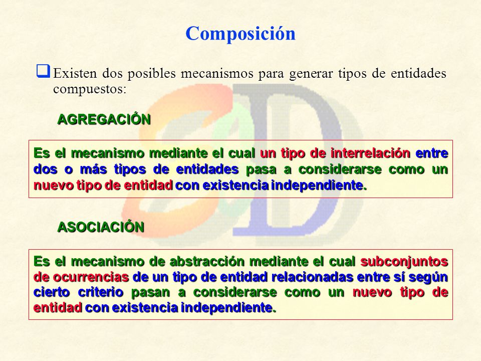 Composición Existen dos posibles mecanismos para generar tipos de entidades compuestos: AGREGACIÓN.