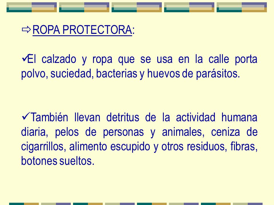 ROPA PROTECTORA: El calzado y ropa que se usa en la calle porta polvo, suciedad, bacterias y huevos de parásitos.
