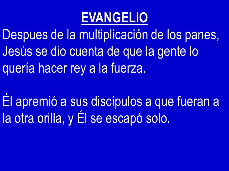 EVANGELIO Despues de la multiplicación de los panes, Jesús se dio cuenta de que la gente lo quería hacer rey a la fuerza.