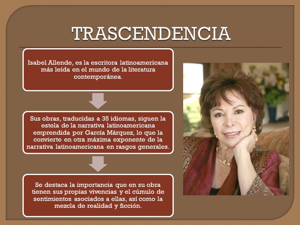TRASCENDENCIA Isabel Allende, es la escritora latinoamericana más leída en el mundo de la literatura contemporánea.