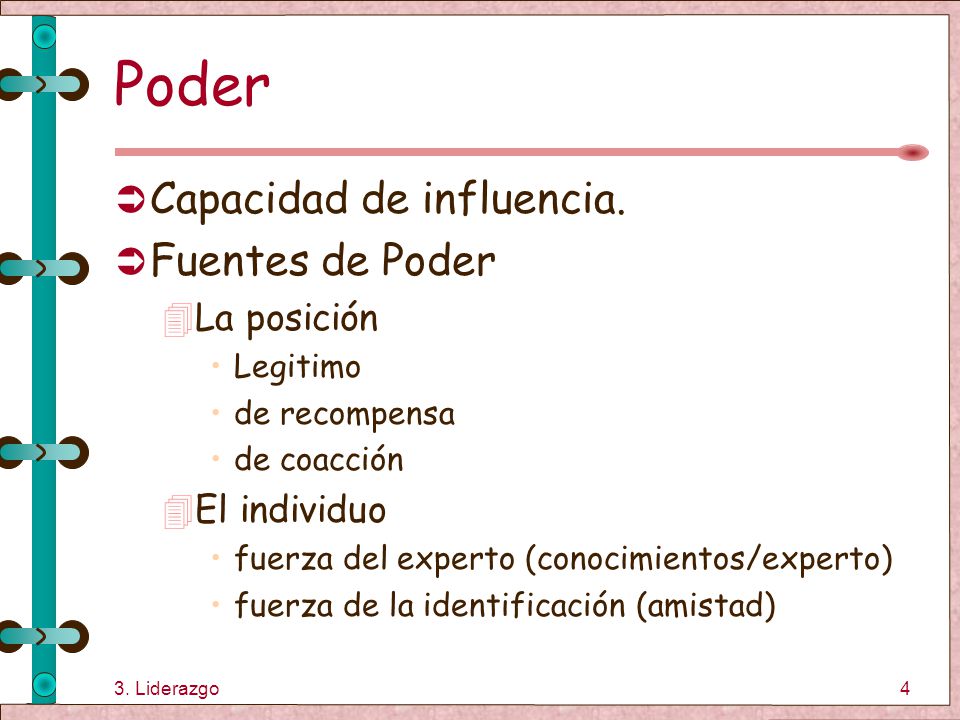 Poder de recompensa Se basa en la percepción de la persona sobre las capacidades de otro para recompersarle.