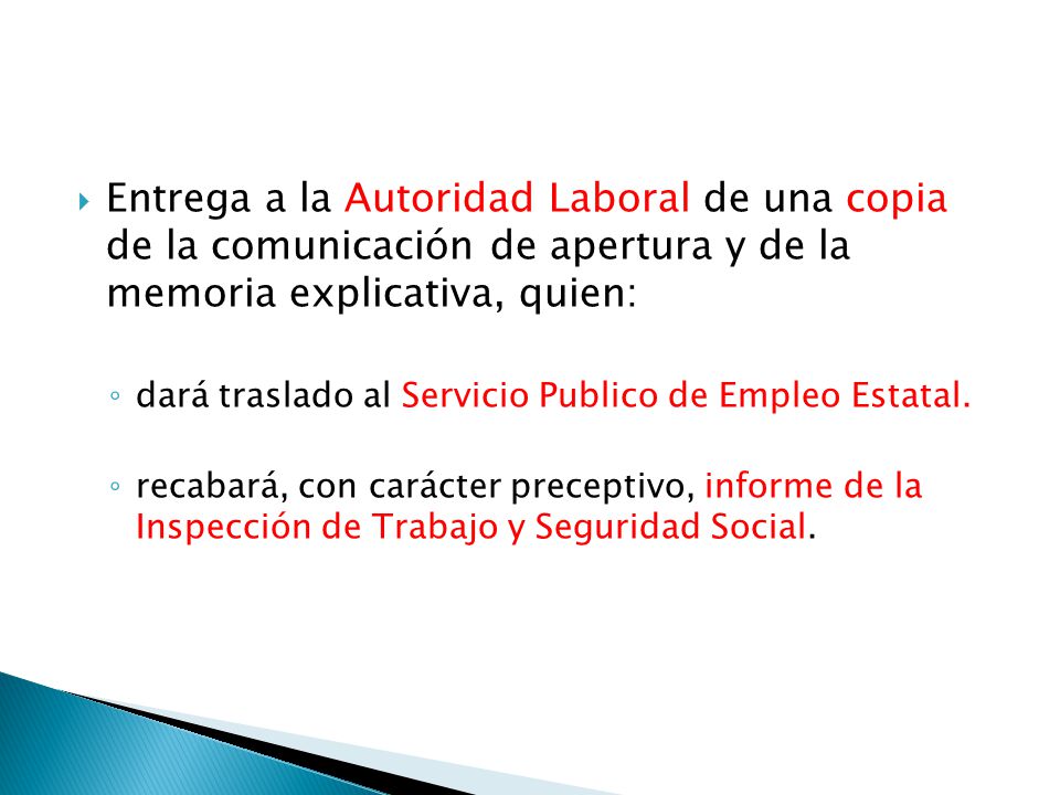 Entrega a la Autoridad Laboral de una copia de la comunicación de apertura y de la memoria explicativa, quien: