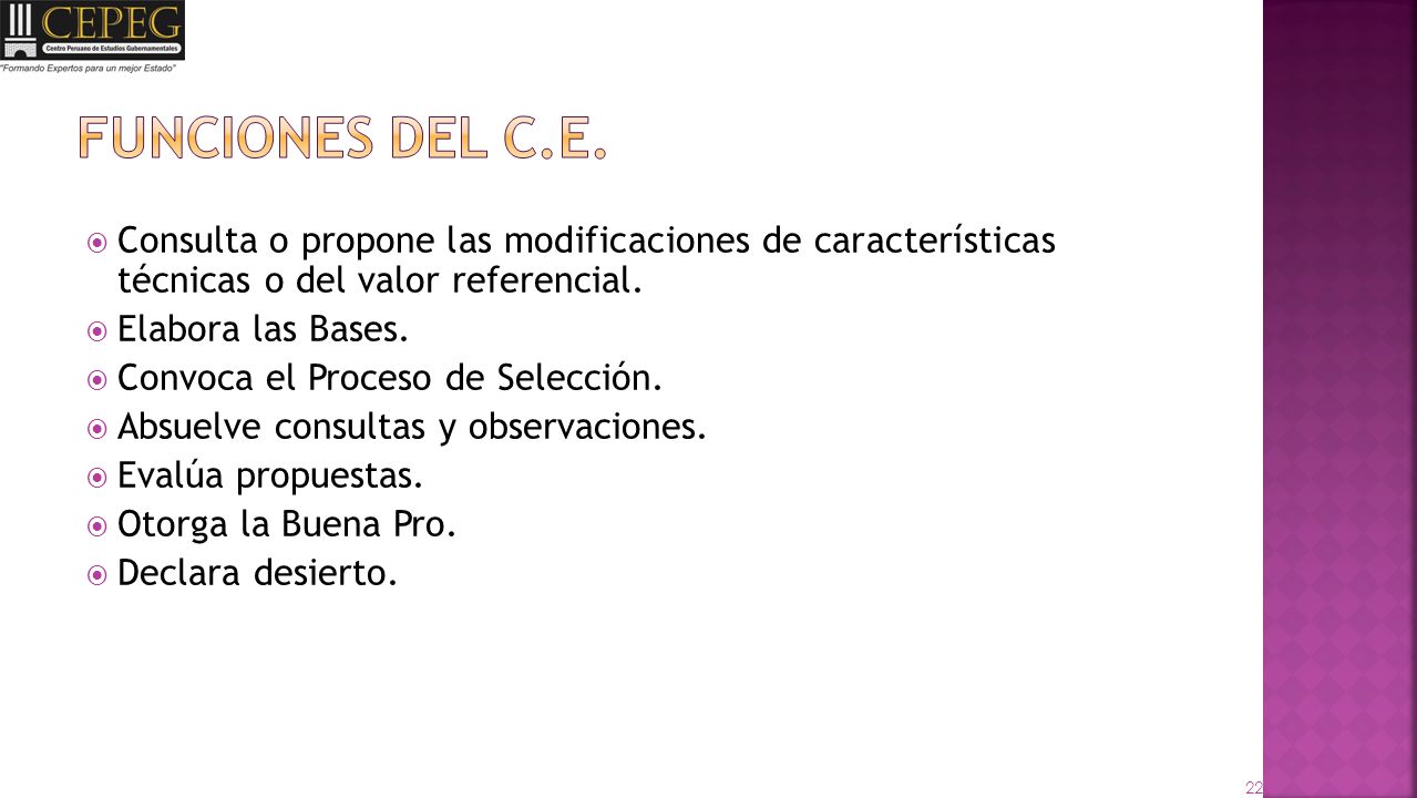 FUNCIONES DEL C.E. Consulta o propone las modificaciones de características técnicas o del valor referencial.