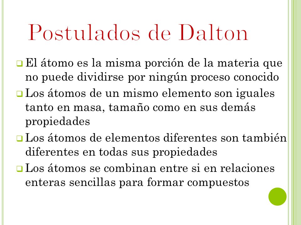 Postulados de Dalton El átomo es la misma porción de la materia que no puede dividirse por ningún proceso conocido.