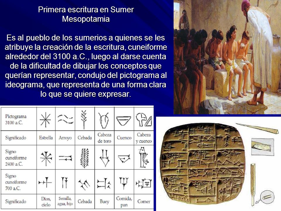 Primera escritura en Sumer Mesopotamia Es al pueblo de los sumerios a quienes se les atribuye la creación de la escritura, cuneiforme alrededor del 3100 a.C., luego al darse cuenta de la dificultad de dibujar los conceptos que querían representar, condujo del pictograma al ideograma, que representa de una forma clara lo que se quiere expresar.