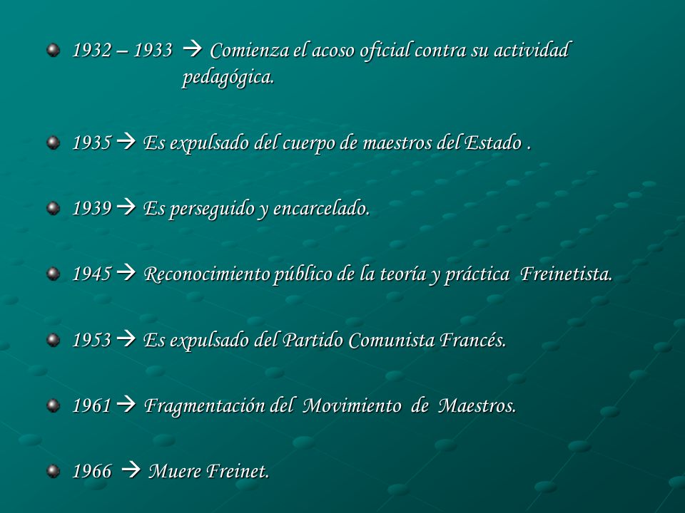 1932 – 1933  Comienza el acoso oficial contra su actividad pedagógica.