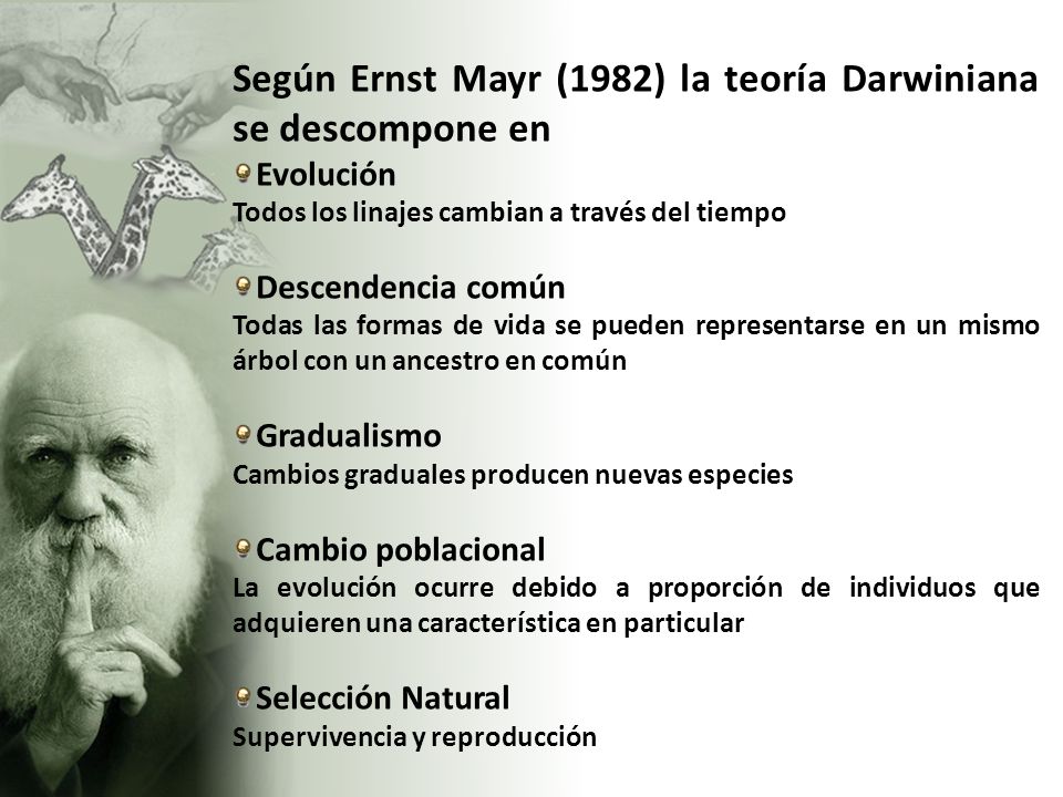 Según Ernst Mayr (1982) la teoría Darwiniana se descompone en