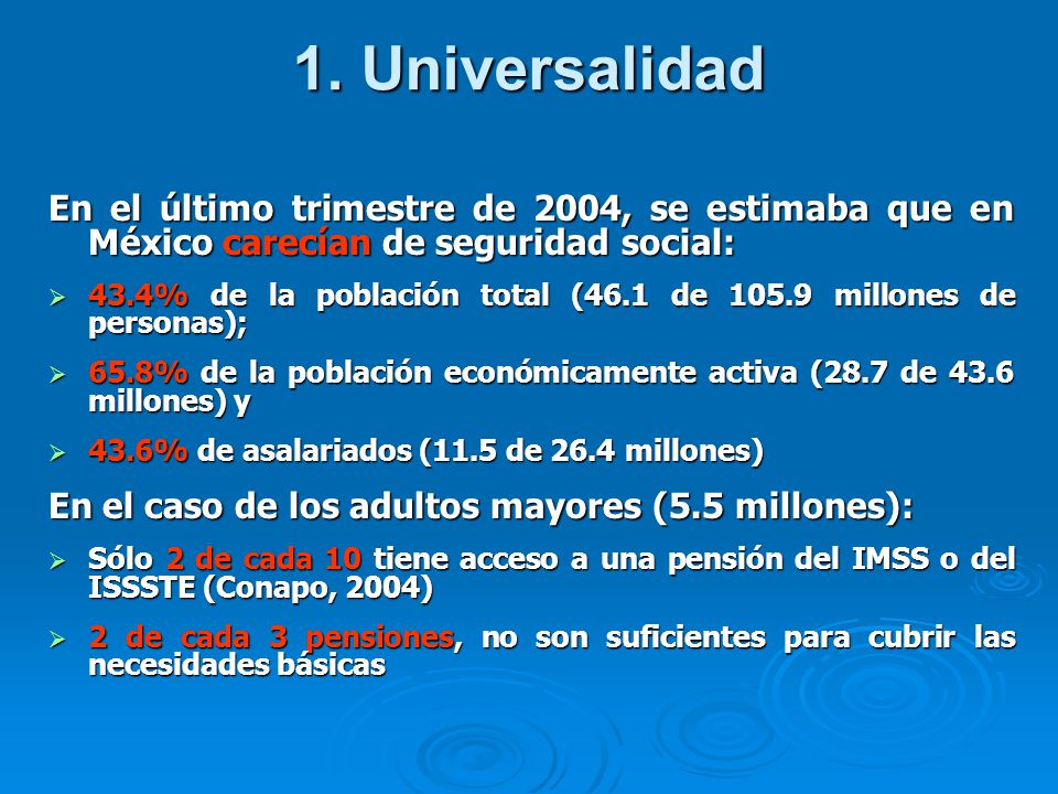 1. Universalidad En el último trimestre de 2004, se estimaba que en México carecían de seguridad social: