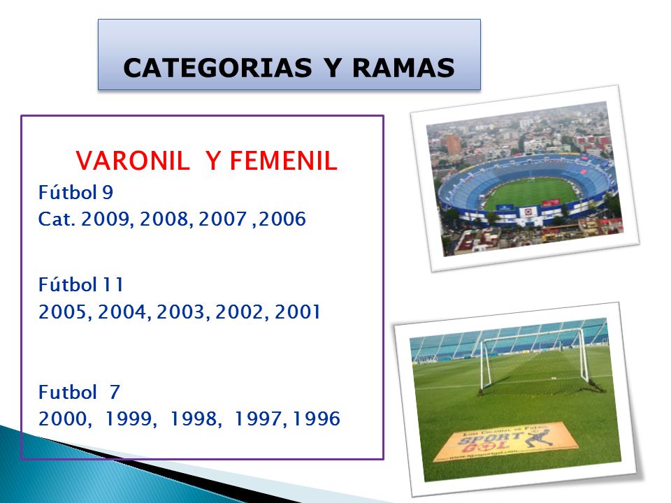 CATEGORIAS Y RAMAS VARONIL Y FEMENIL Fútbol 9