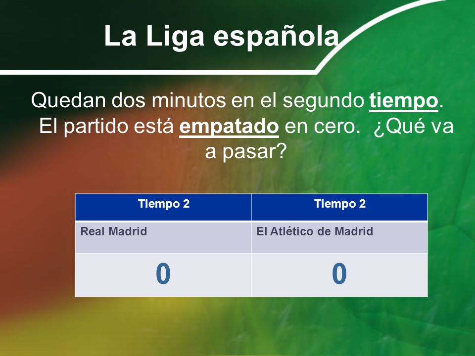 La Liga española Quedan dos minutos en el segundo tiempo. El partido está empatado en cero. ¿Qué va a pasar