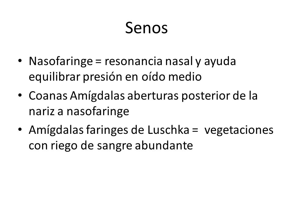 Senos Nasofaringe = resonancia nasal y ayuda equilibrar presión en oído medio. Coanas Amígdalas aberturas posterior de la nariz a nasofaringe.