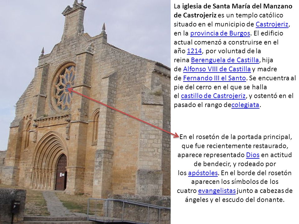 La iglesia de Santa María del Manzano de Castrojeriz es un templo católico situado en el municipio de Castrojeriz, en la provincia de Burgos. El edificio actual comenzó a construirse en el año 1214, por voluntad de la reina Berenguela de Castilla, hija de Alfonso VIII de Castilla y madre de Fernando III el Santo. Se encuentra al pie del cerro en el que se halla el castillo de Castrojeriz, y ostentó en el pasado el rango decolegiata.