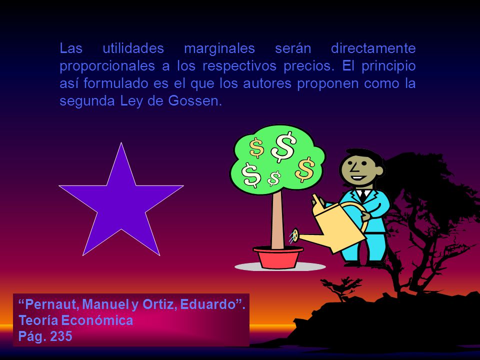 Las utilidades marginales serán directamente proporcionales a los respectivos precios. El principio así formulado es el que los autores proponen como la segunda Ley de Gossen.