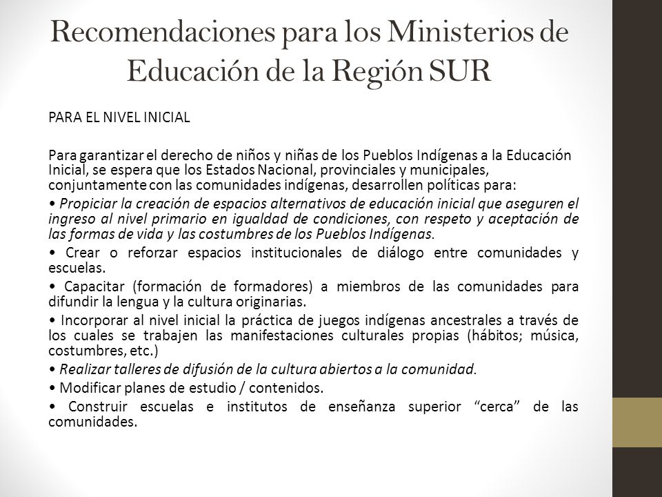 Recomendaciones para los Ministerios de Educación de la Región SUR