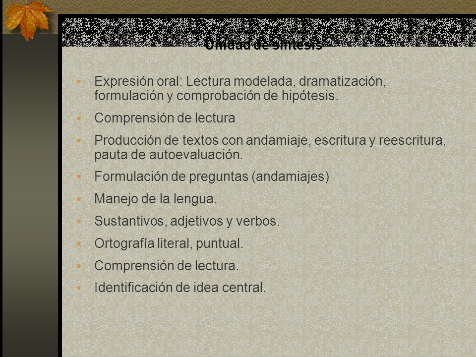 Unidad de síntesis Expresión oral: Lectura modelada, dramatización, formulación y comprobación de hipótesis.