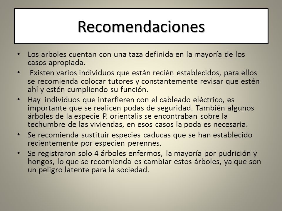 Recomendaciones Los arboles cuentan con una taza definida en la mayoría de los casos apropiada.