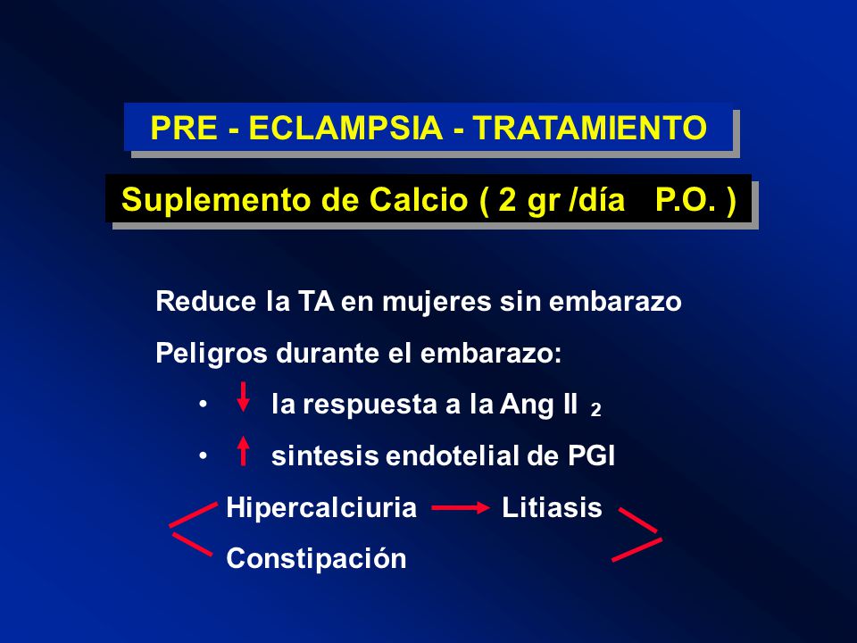PRE - ECLAMPSIA - TRATAMIENTO Suplemento de Calcio ( 2 gr /día P.O. )