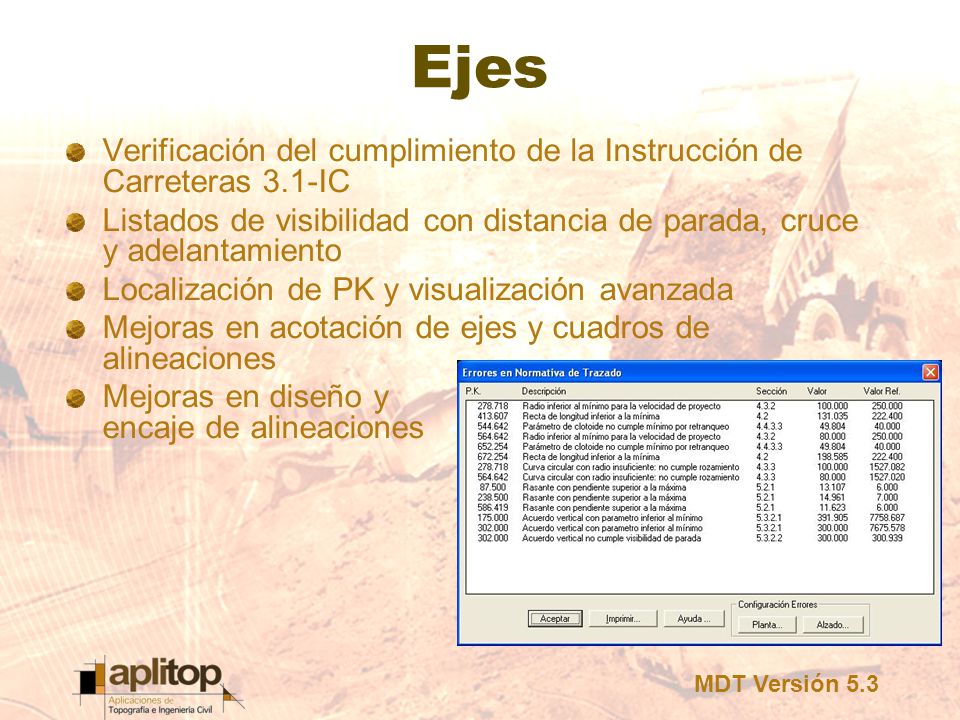 Ejes Verificación del cumplimiento de la Instrucción de Carreteras 3.1-IC. Listados de visibilidad con distancia de parada, cruce y adelantamiento.
