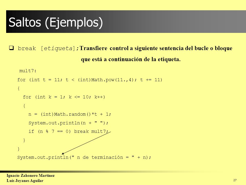 Saltos (Ejemplos) break [etiqueta];Transfiere control a siguiente sentencia del bucle o bloque. que está a continuación de la etiqueta.