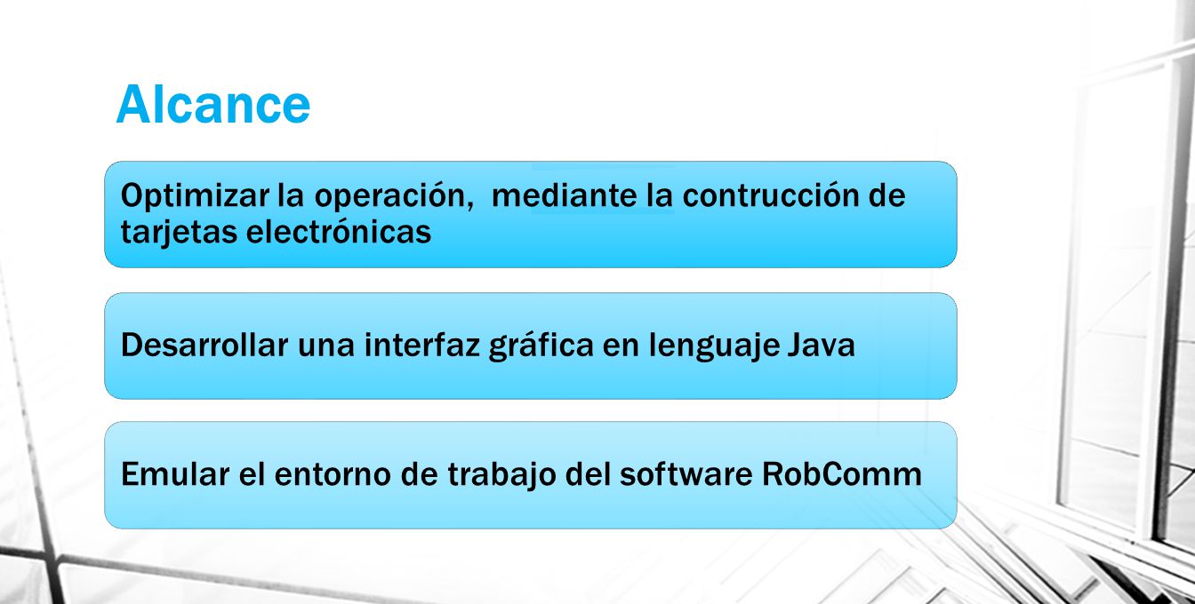Alcance Optimizar la operación, mediante la contrucción de tarjetas electrónicas. Desarrollar una interfaz gráfica en lenguaje Java.