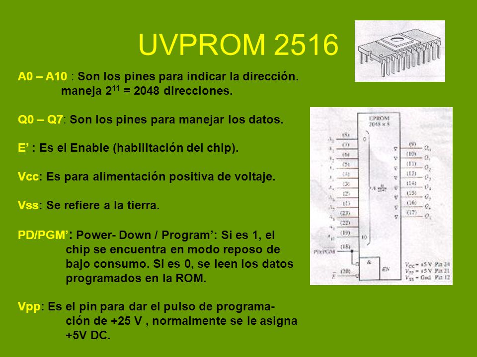 UVPROM 2516 A0 – A10 : Son los pines para indicar la dirección.
