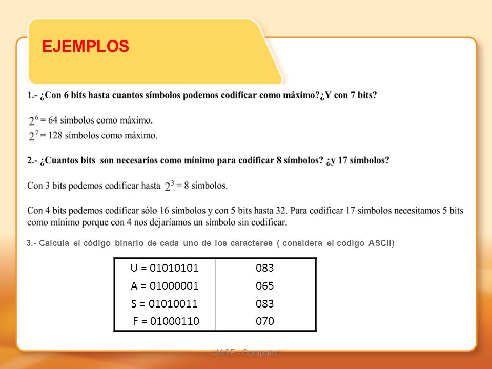 EJEMPLOS 3.- Calcula el código binario de cada uno de los caracteres ( considera el código ASCII) U =