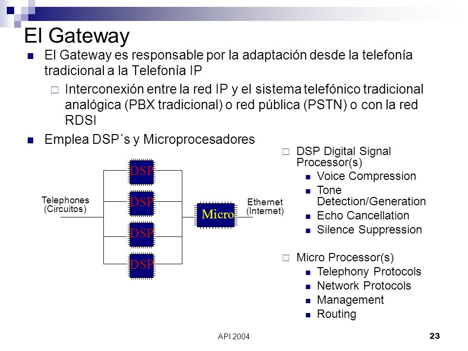 El Gateway El Gateway es responsable por la adaptación desde la telefonía tradicional a la Telefonía IP.