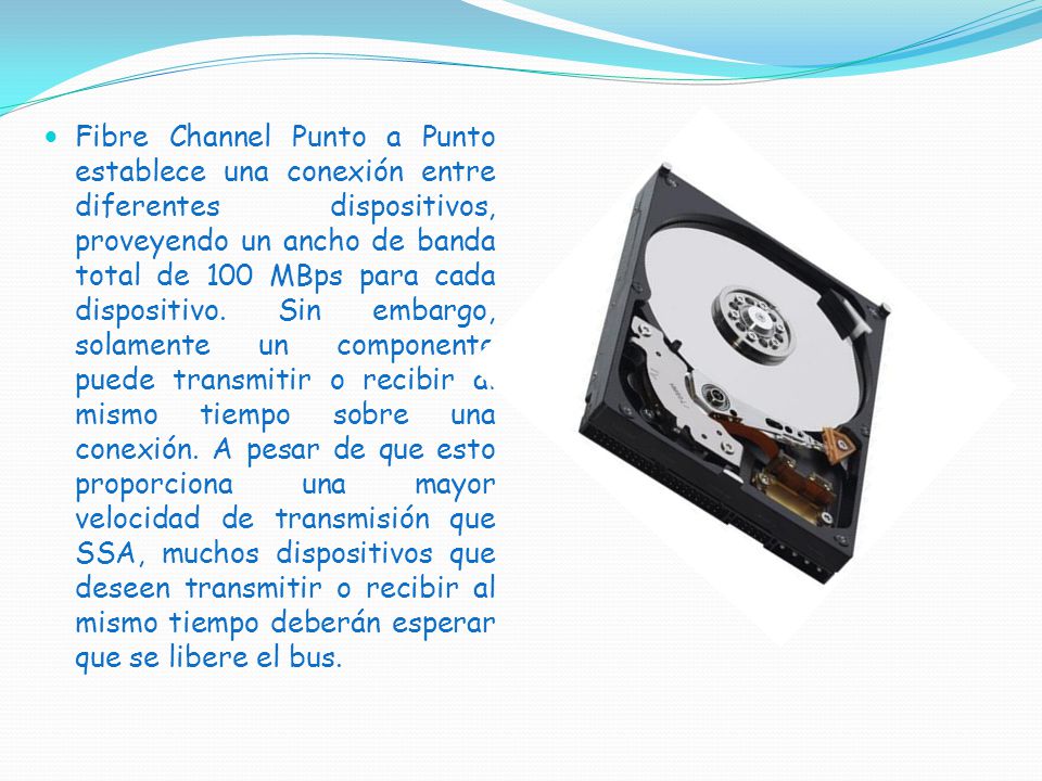 Fibre Channel Punto a Punto establece una conexión entre diferentes dispositivos, proveyendo un ancho de banda total de 100 MBps para cada dispositivo.
