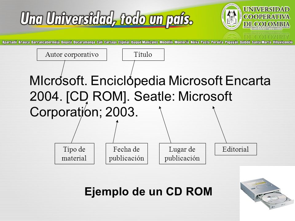 Autor corporativo Título. MIcrosoft. Enciclopedia Microsoft Encarta [CD ROM]. Seatle: Microsoft Corporation;