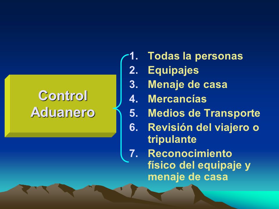 Control Aduanero Todas la personas Equipajes Menaje de casa Mercancías