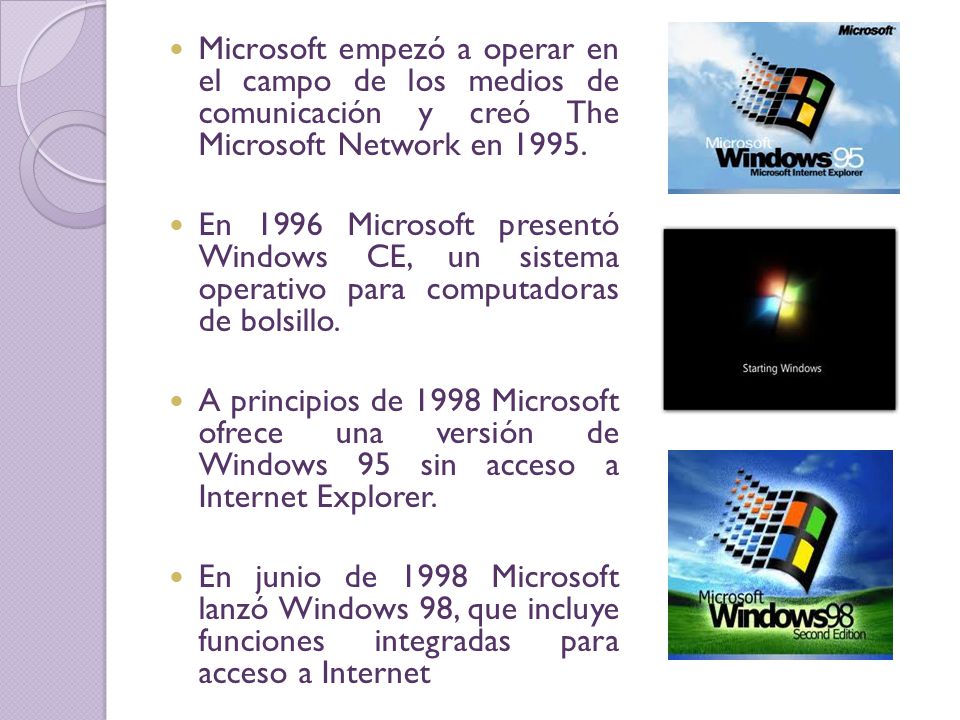 Microsoft empezó a operar en el campo de los medios de comunicación y creó The Microsoft Network en 1995.