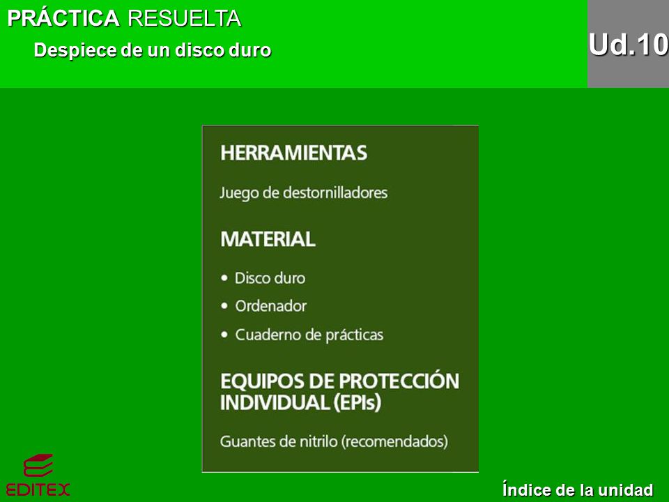 PRÁCTICA RESUELTA Despiece de un disco duro Ud.10 Índice de la unidad