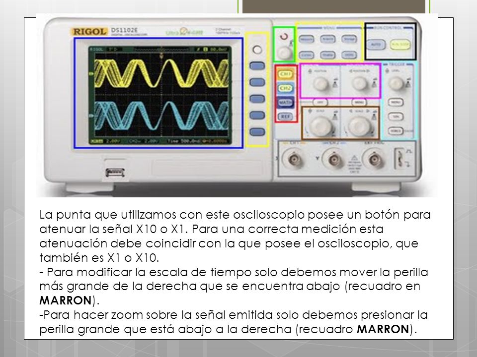 La punta que utilizamos con este osciloscopio posee un botón para atenuar la señal X10 o X1. Para una correcta medición esta atenuación debe coincidir con la que posee el osciloscopio, que también es X1 o X10.