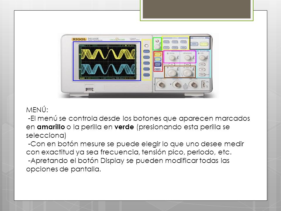 MENÚ: -El menú se controla desde los botones que aparecen marcados en amarillo o la perilla en verde (presionando esta perilla se selecciona)