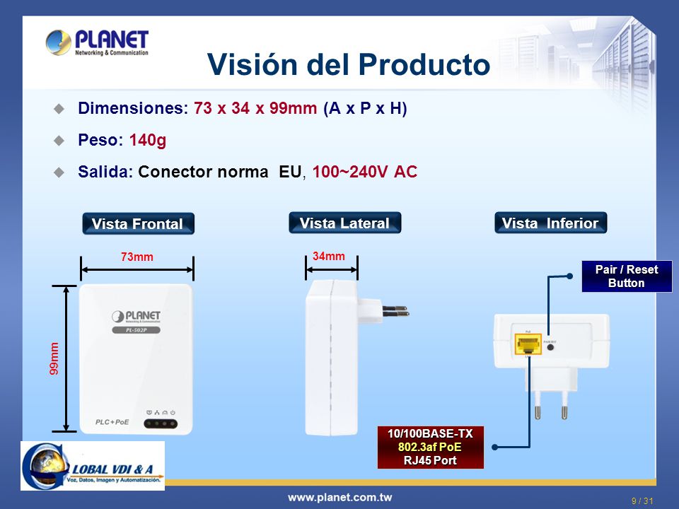 Visión del Producto Dimensiones: 73 x 34 x 99mm (A x P x H) Peso: 140g
