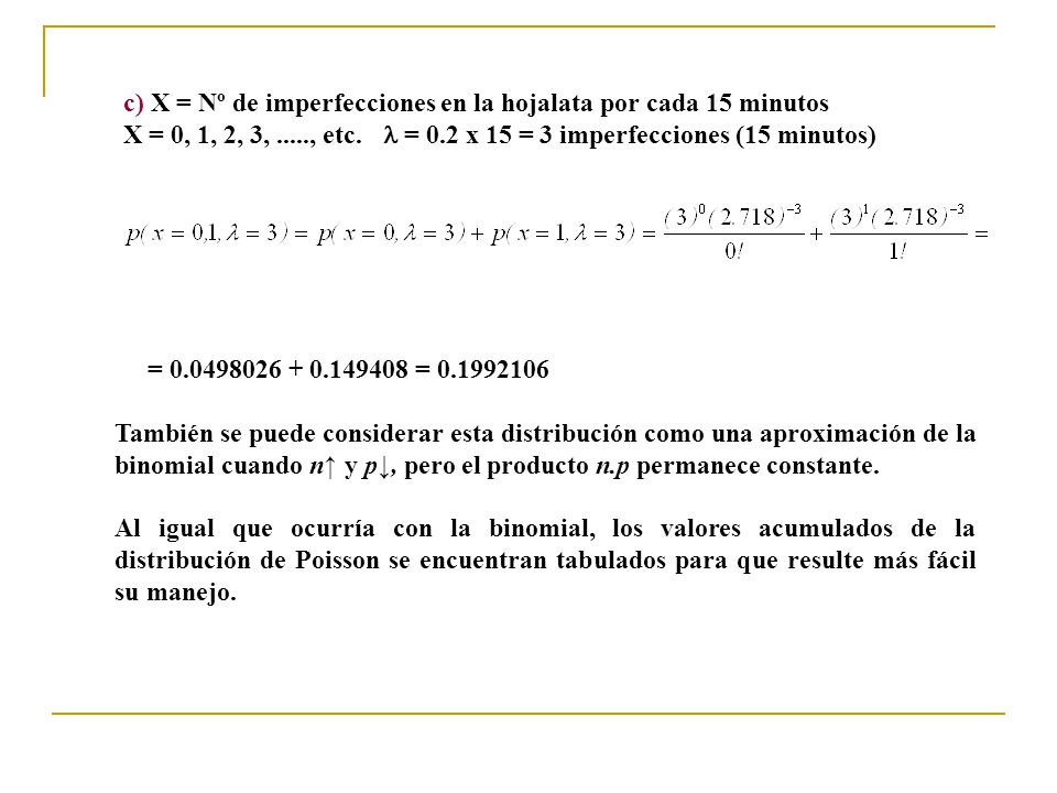 c) X = Nº de imperfecciones en la hojalata por cada 15 minutos