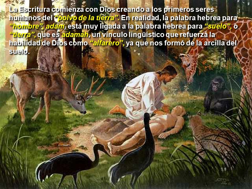 La Escritura comienza con Dios creando a los primeros seres humanos del polvo de la tierra .