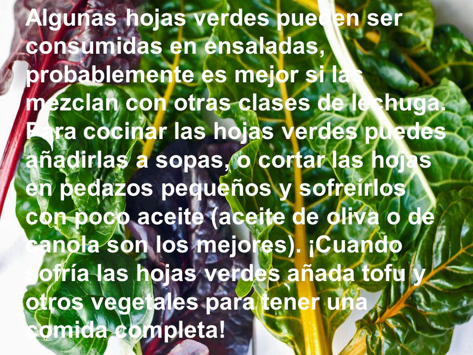 Algunas hojas verdes pueden ser consumidas en ensaladas, probablemente es mejor si las mezclan con otras clases de lechuga.