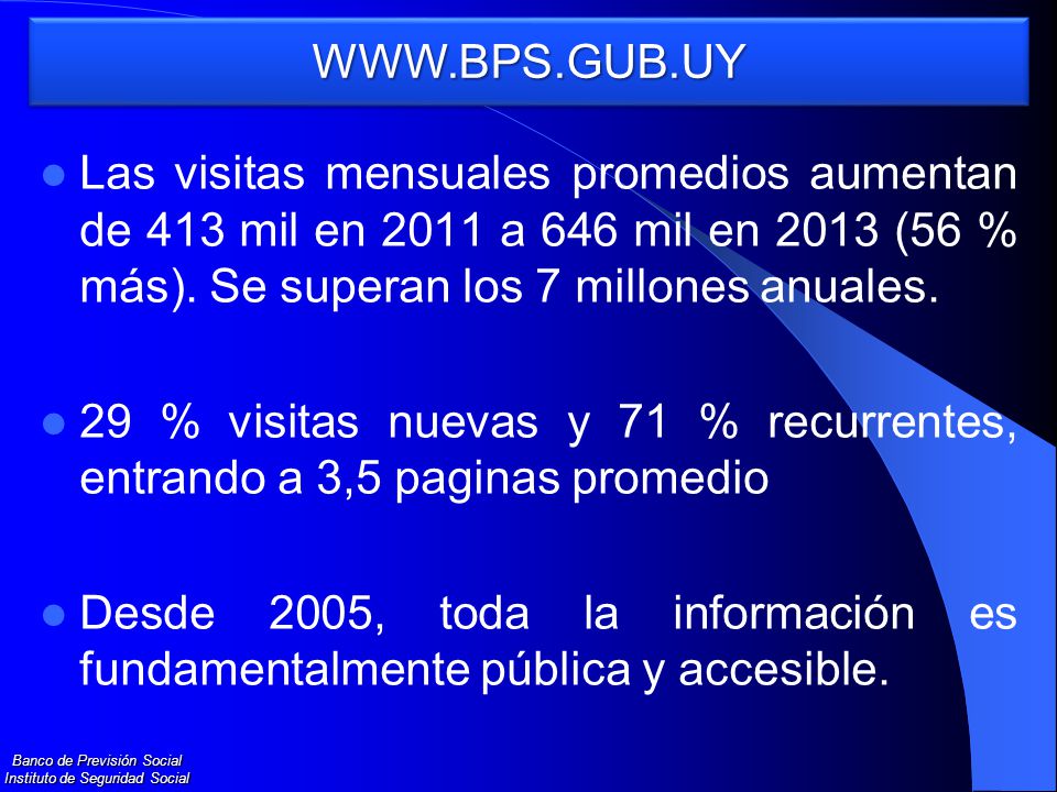 Las visitas mensuales promedios aumentan de 413 mil en 2011 a 646 mil en 2013 (56 % más). Se superan los 7 millones anuales.