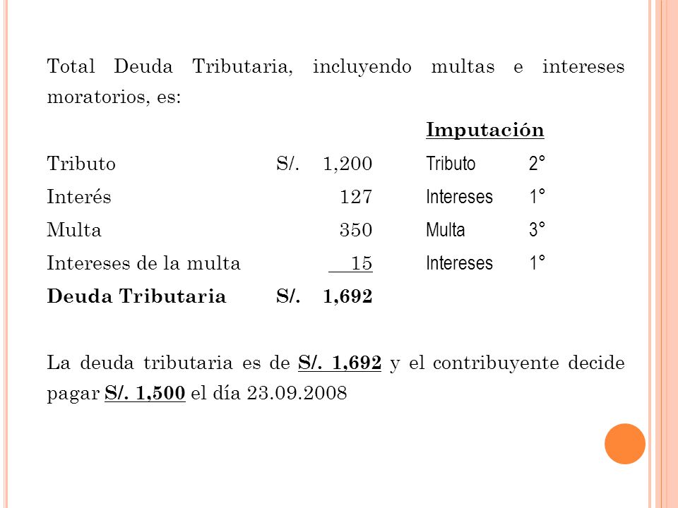 Total Deuda Tributaria, incluyendo multas e intereses moratorios, es: Imputación Tributo S/.