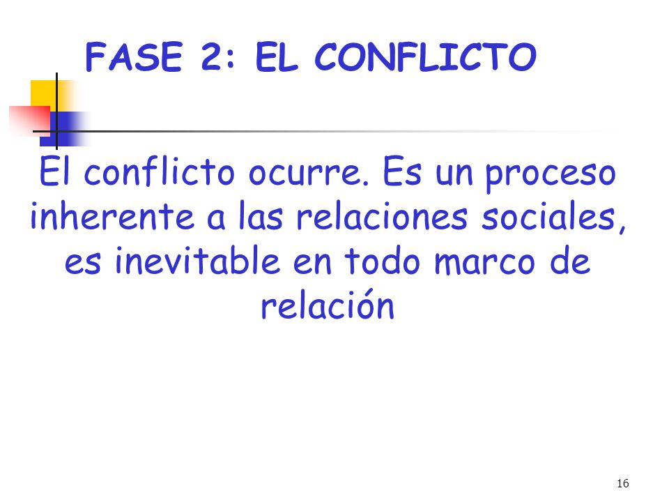 FASE 2: EL CONFLICTO El conflicto ocurre. Es un proceso inherente a las relaciones sociales, es inevitable en todo marco de relación.