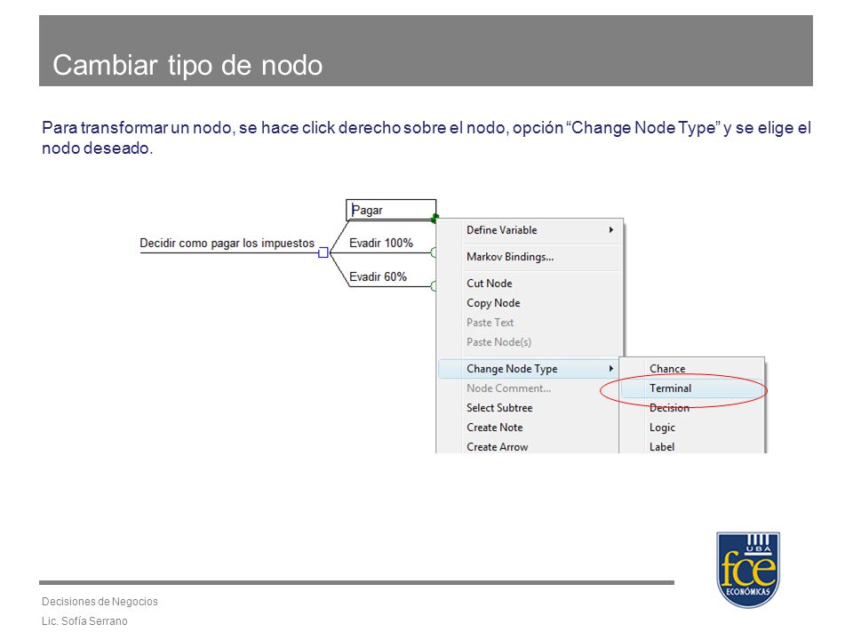 Cambiar tipo de nodo Para transformar un nodo, se hace click derecho sobre el nodo, opción Change Node Type y se elige el nodo deseado.