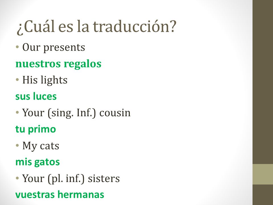 ¿Cuál es la traducción Our presents nuestros regalos His lights