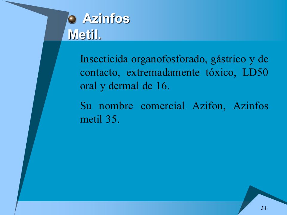 Azinfos Metil. Insecticida organofosforado, gástrico y de contacto, extremadamente tóxico, LD50 oral y dermal de 16.