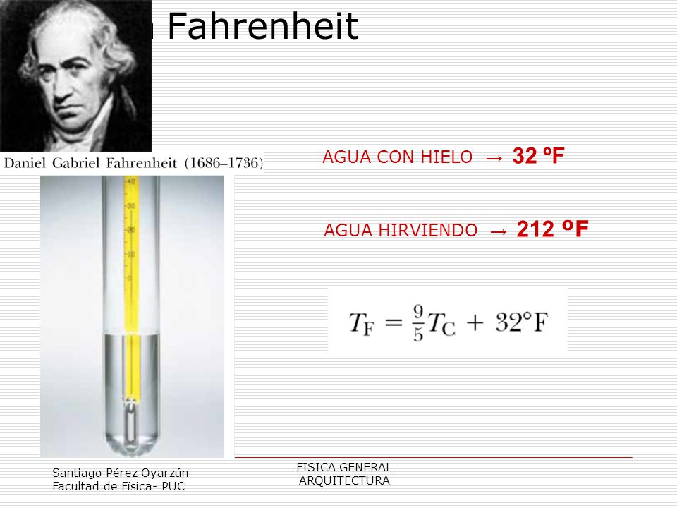 Escala Fahrenheit AGUA CON HIELO → 32 ºF AGUA HIRVIENDO → 212 ºF