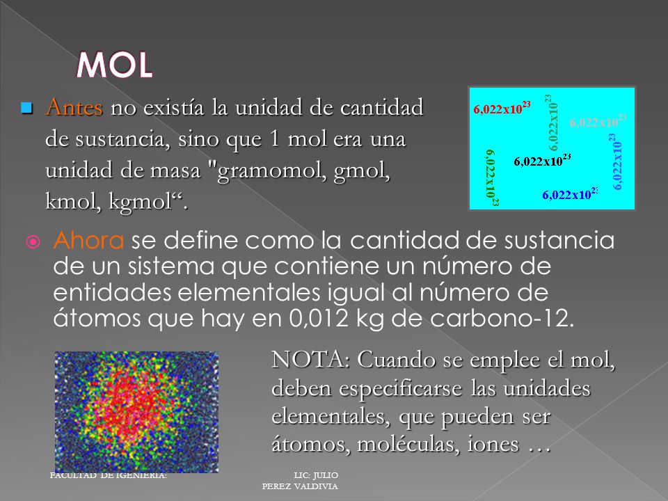 MOL Antes no existía la unidad de cantidad de sustancia, sino que 1 mol era una unidad de masa gramomol, gmol, kmol, kgmol .