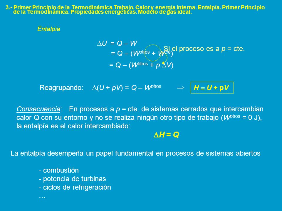 Reagrupando: (U + pV) = Q – Wotros  H  U + pV