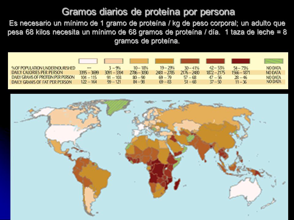 Gramos diarios de proteína por persona Es necesario un mínimo de 1 gramo de proteína / kg de peso corporal; un adulto que pesa 68 kilos necesita un mínimo de 68 gramos de proteína / día.