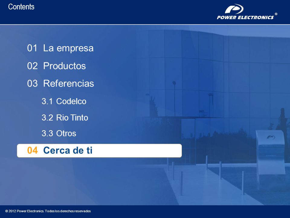 01 La empresa 02 Productos 03 Referencias 3.1 Codelco 04 Cerca de ti